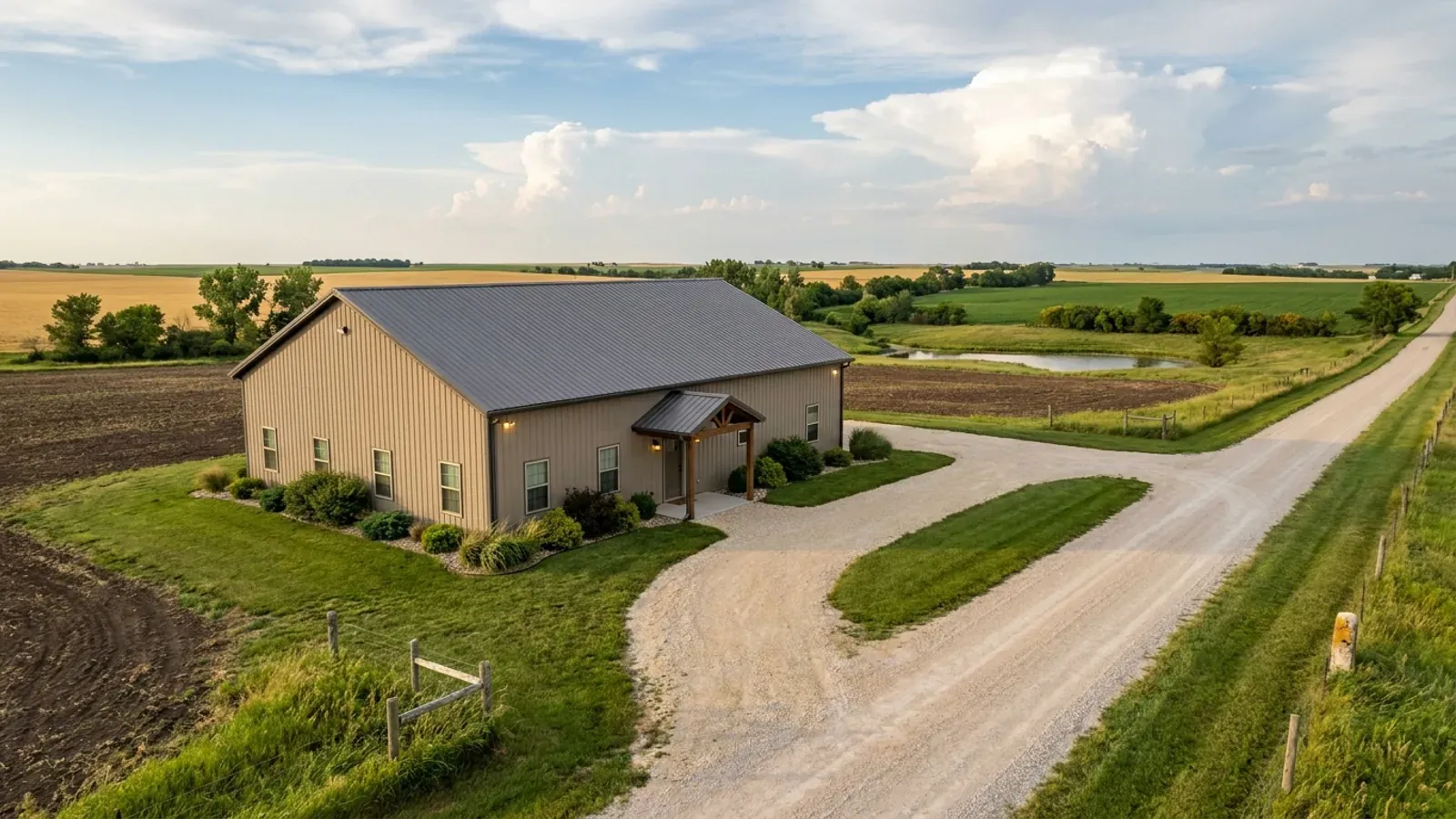 A compact 30x40 barndominium sized like a starter home or cabin, with a covered entry porch and no large shop bay.
