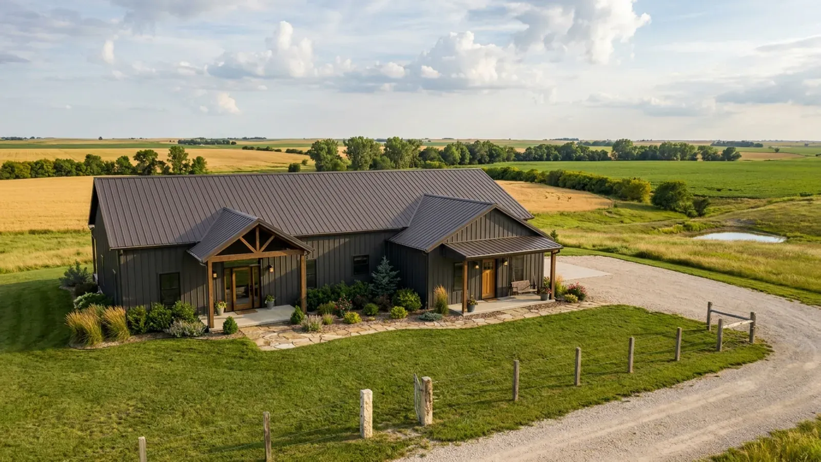 A barndominium with a smaller attached in-law suite wing that has its own separate covered entry, distinct from the main entry.