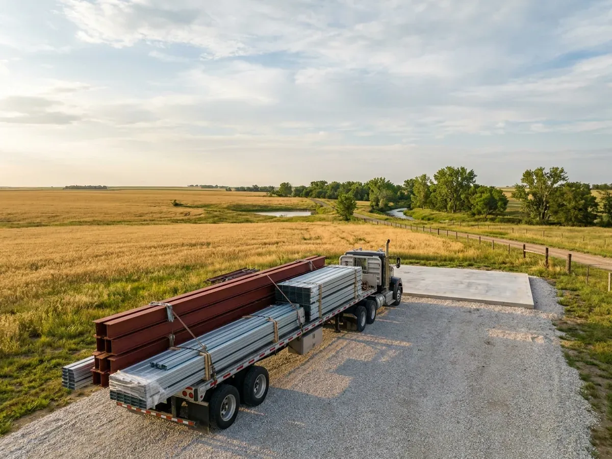 A flatbed truck delivering banded steel frame members and stacked metal roof panels to a building site beside a finished concrete slab.