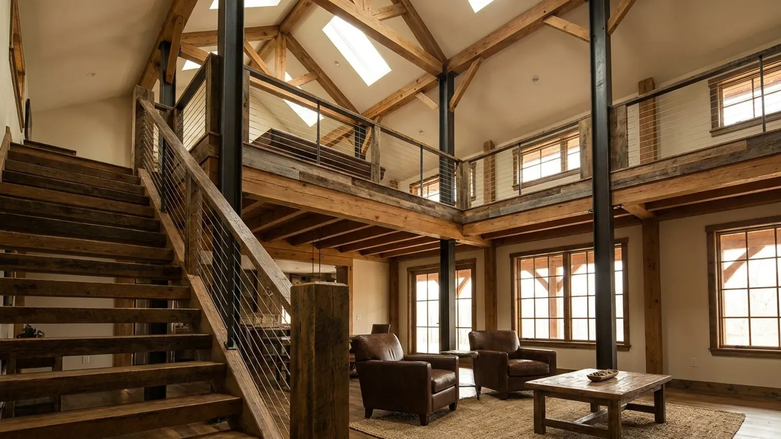 A barndominium great room with an open loft level and railing built over part of the room, reached by an open staircase.