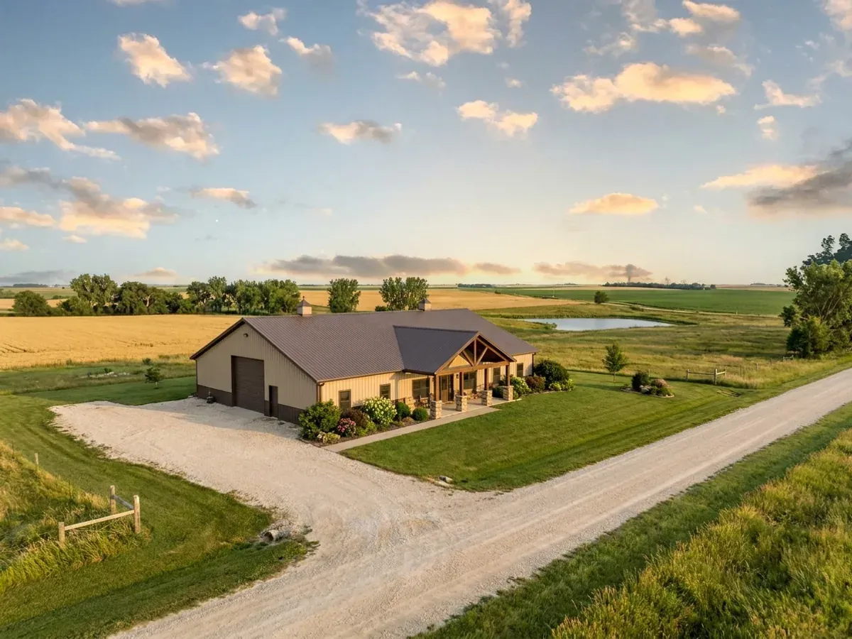 A completed barndominium home viewed from the front corner, with finished landscaping, a covered entry porch and an attached shop bay.