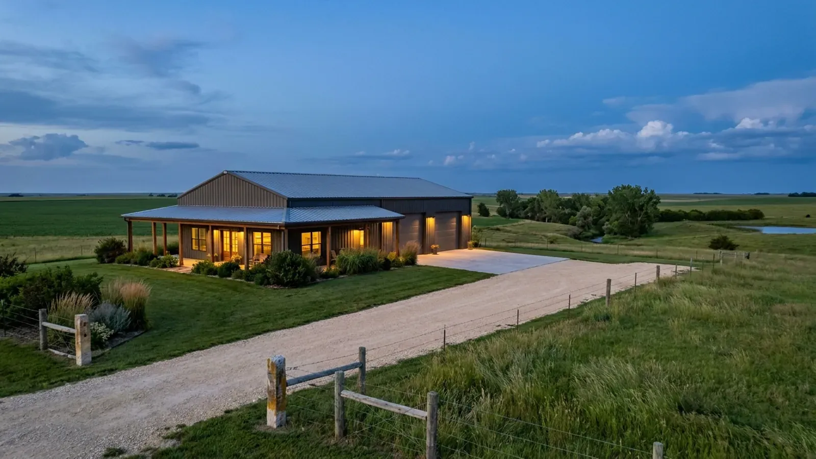 A finished barndominium at dusk with warm interior lighting glowing through its large windows.