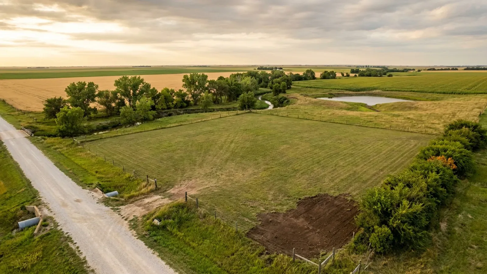 Aerial view of an undeveloped rural lot on open prairie beside a gravel road, with a creek treeline behind and large crop fields beyond.