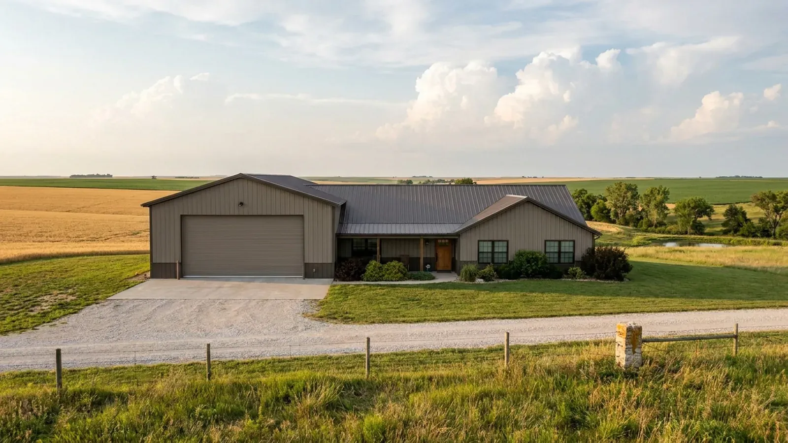 A barndominium with a tall, deep RV garage bay attached to the residence under one continuous roof.